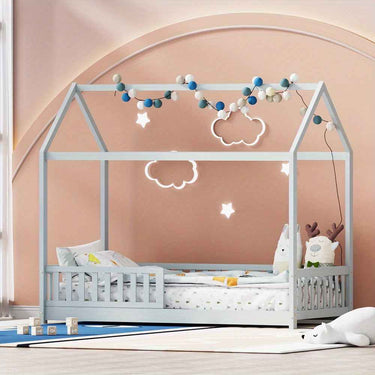 Grey Solid Pine House Toddler Bed Frame for Kids - Slatted Base & Storage Shelf